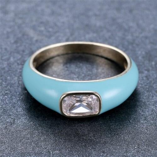 White Zircon Geometric Square Ring Elegant Blue Pink Green Fashion Glue Ring Vintage Gold Color Wedding Rings For Women Jewelry