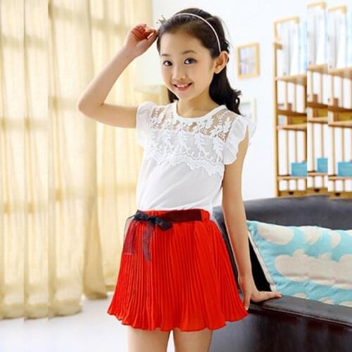 2-8years old girl clothes summer two-piece fashion Hook flower chiffon top T-shirt + Half-length skirt quality children clothing