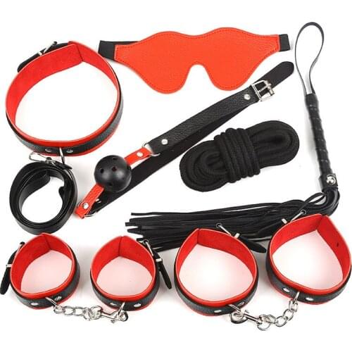 Black Red Leather Seven 7-Piece Set Couples Flirting Alternative Binding Fun Bondage Set Handcuffs Binding Toys