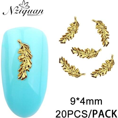 New 20PCS Feather Shape 3d Nail Art Decoration Golden Nail Decoration Sticker Charm Ultra Thin Alloy Nail Decoration Nail Art