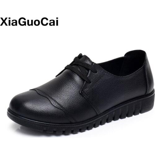 Autumn Winter Women Shoes Black Genuine Leather Female Flats Loafers High Quality Round toe Mothers Footwear Soft Comfortable