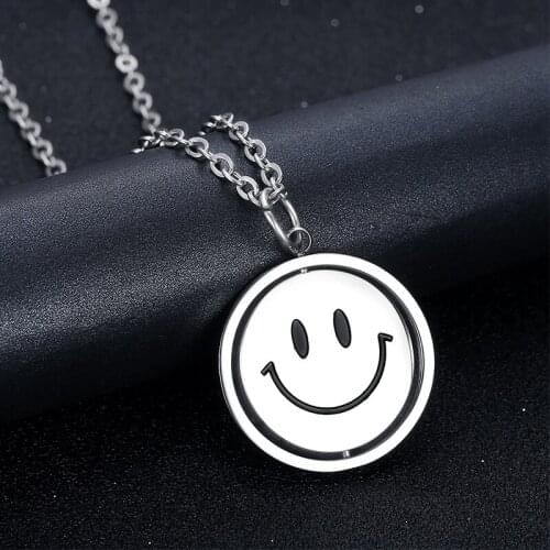 Smiley Face pendant Necklaces For Women Korean Jewelry Double Sided Rotatable Street Stainless Steel Couple Face Expression