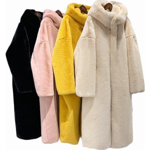 Faux Fur Coat Women Winter Female Sheepskin Coats Pure Color Faux Fox Fur Collars Snap Fastener Furs Plus Size