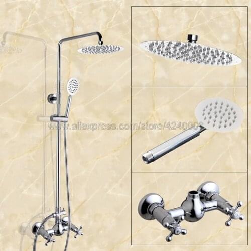 Polished Chrome Rainfall Shower Set Faucet Wall Mount Dual Cross Handles 8" Rain Shower Mixers with Handshower Kcy309