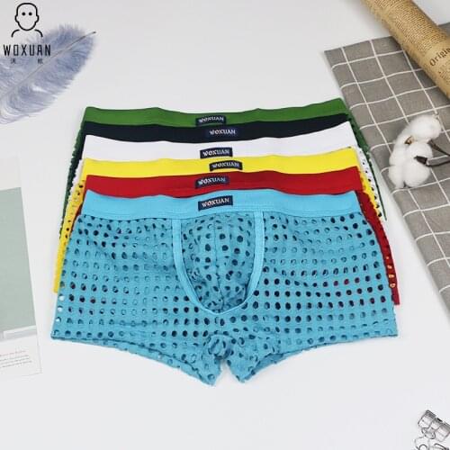 Woxuan Mesh Breathable Boxer Men Transparent Underwear Pouch Hollow Mens Sexy Boxer Shorts U Convex Penis Polyester Underpants