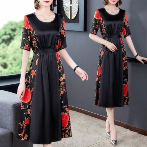 Vintage Black Floral Real Silk 5XL Plus Size Beach Midi Dress 2021 Summer Printed Sundress Female Elegant Bodycon Party Vestidos