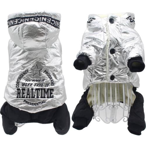 Waterproof Silver Clothes for Small Dogs Winter Thicken Overalls for Dogs Warm Four Legs Ski Suit for Yorkshire Pet Hoodie Parka