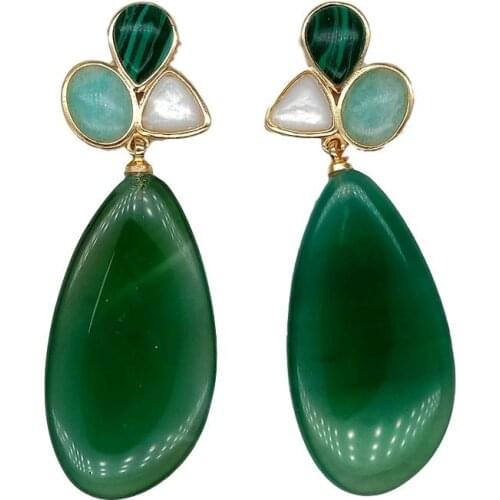 Y·YING Green Agates White Shell Peruvian Amazonite Dangel Stud earrings luxury style for women