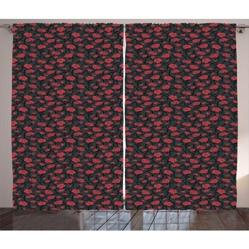 Gothic Roses Curtains Romantic Floral on Dark Back Satin Fabric Drapes for Living Room Bedroom 2 Panel Window Set