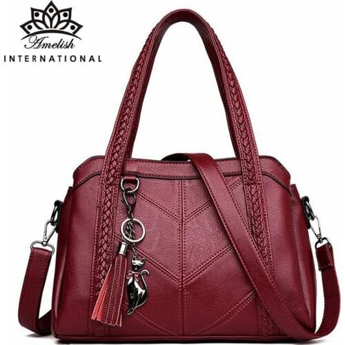 AMELISH Cat Tassel Top-handle Bags for Women Vintage High Quality Soft Leather Shopping Totes Female Travel Shoulder Handbag