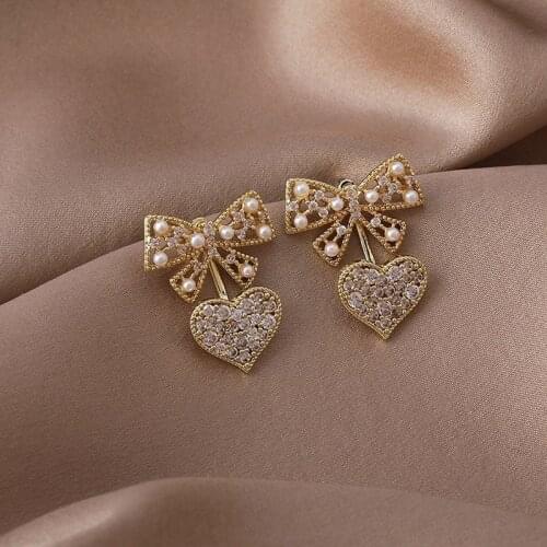 VSnow Korean Fashion Hollow Faux Pearl Bowknot Dangle Earring for Women Exquisite Love Heart Rhinestone Metal Earring Jewelry
