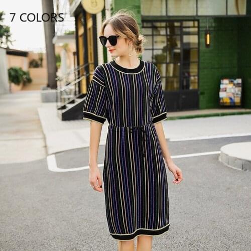Top and Skirt 2piece Set Women 2020 Summer Vertical Stripes Knitted T Shirt + High Waist Midi Skirt Suits Two Piece Set Skirt