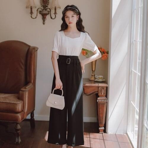 Korean Two-Piece Set Women Summer Temperament Square Neck Puff Sleeve Tops Female+Elegant Retro Wide-leg Pants Suit Send Sashes