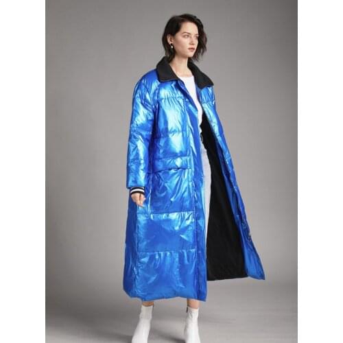 2019 New Down Jacket Female Bright Noodle Loose Long Black Blue Europe And Large size 90 white duck down jacket