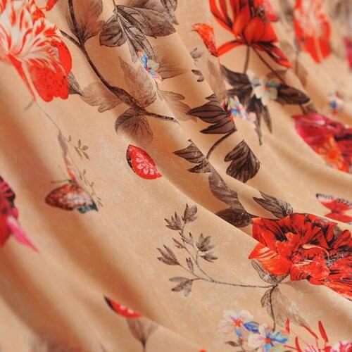 130CM Wide 19MM Red Floral Print Stretch Brown Silk Fabric for Summer one-piece dress Shirt Clothes J245