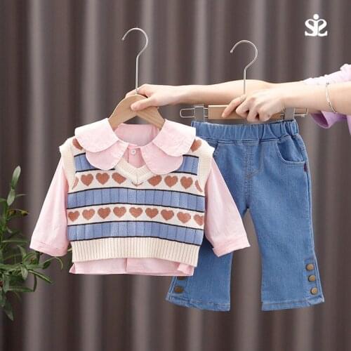 2021 autumn new girl fashion full-print love suit childrens long-sleeved shirt vest three-piece baby cute casual sports suit