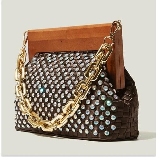 2021 ladies handbag party shoulder bag shiny rhinestone female wallet retro wooden clip diamond evening clutch bag thick chain