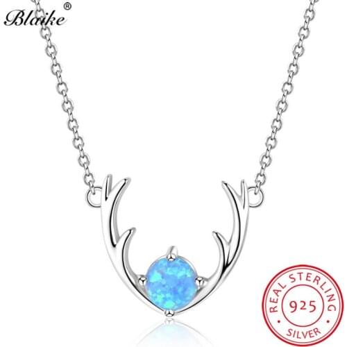 Blaike Unique Solid S925 Sterling Silver Antlers Pendants Fine Jewelry Round Blue Fire Opal Necklace Women Wedding Choker Gifts