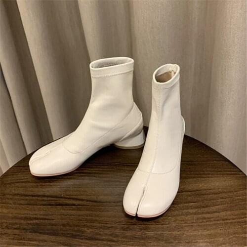 PXELENA INS Celebrity Women Split Toe Tabi Ninja Ankle Boots 2021 Fall Winter Pig Feet Shoes Low Heels Office Lady Party Shoes