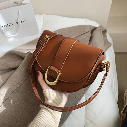 Spring Semicircle Saddle Small Crossbody Bags For Women Metallic Buckle Half Round PU Leather Baguette Female Shoulder Bags 2021