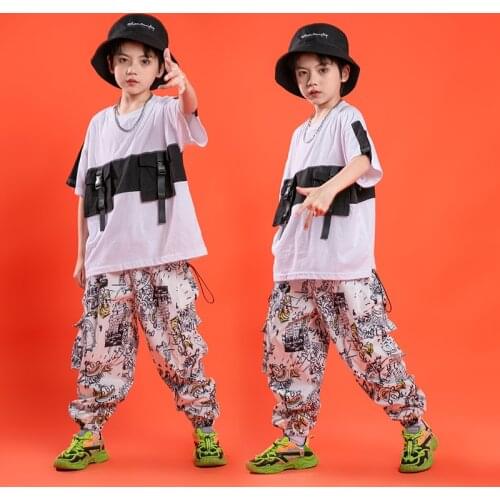 Kids Hip Hop Clothing Stage Outfits T Shirt Streetwear Graffiti Cargo Pants for Girl Boy Jazz Dance Wear Costume Rave Clothes