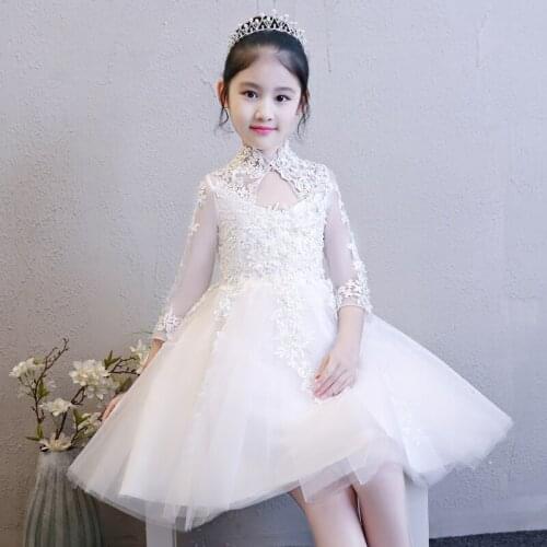 Elegant Girls Wedding Dress White Lace Sequin Dress High Collar Party Princess Birthday Dress First Communion Gown Baptism Dress