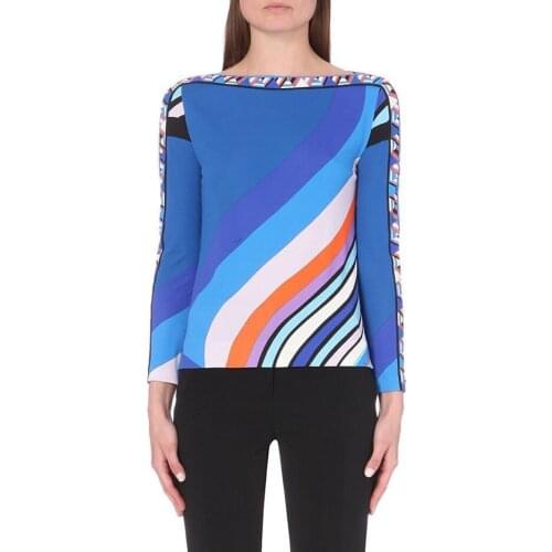 The European womens fashion show fashionable bright printed beautiful slach neck elastic thin silk jersey