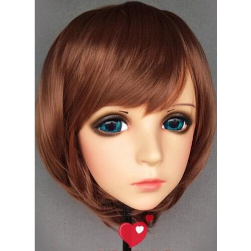 Feng-1)Female Sweet Girl Resin Half Head Kigurumi BJD Eyes Crossdress Cosplay Japanese Anime Role Lolita Mask With Eyes And Wig