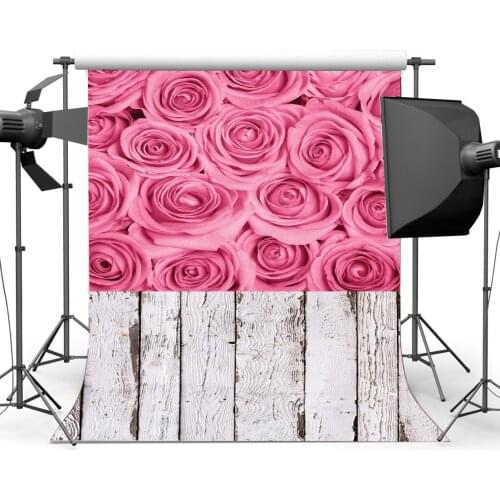 Blooming Pink Rose Flowers Backdrop Valentines Day Weathered Stripes Wood Floor Photography Background