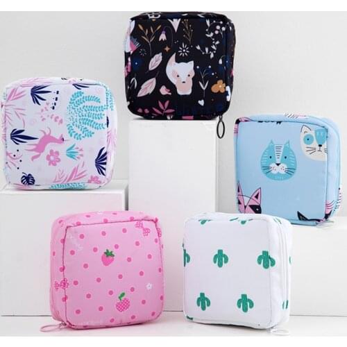 Sanitary Pad Organizer Small Wallet Card Holder for Women Nylon Cartoon Pattern Napkin Towel Bags Portable Multifunction