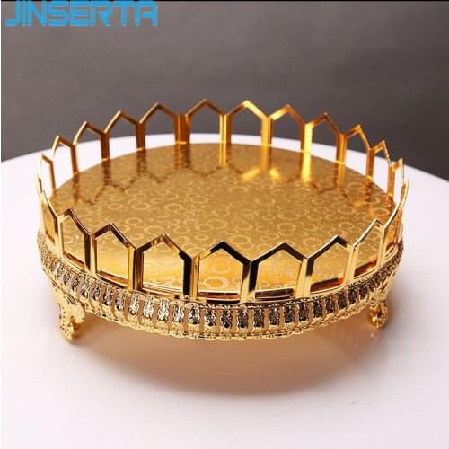 JINSERTA Metal Storage Tray Jewelry Display Plate Luxury Gold Round Dessert Fruit Cake Plate for Home Party Wedding Decor Gifts