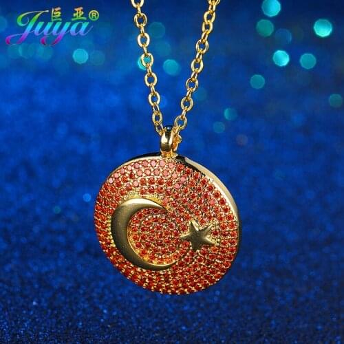 Juya Handmade Religious Jewelry Supplies Micro Pave Zirco Turkish Flag Crescent Moon Pendant Necklace For Muslim Allah Jewelry
