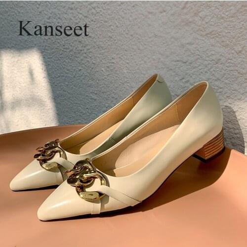 Kanseet New Handmade 2021 Women Pumps Chain Genuine Leather Party Dress Office Comfort Mid Heels Footwear Shallow Female Shoes