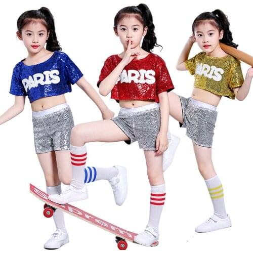 Modern Dance Girl Jazz Dance Children Sequin Hip Hop Costumes Stage Jazz Dance Costumes Suit Girls Crop Top and Pants