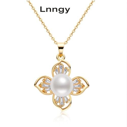 Lnngy 14K Gold Filled Link Necklace 9-9.5mm Natural Freshwater Pearl Fashion Flowers Pendant Necklace Women Pearl Jewelry Gifts