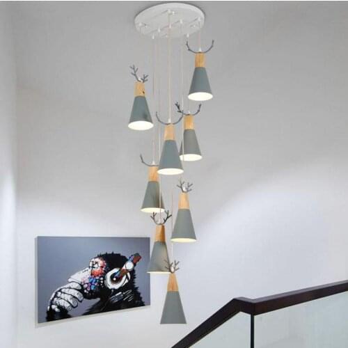 Nordic style Stairwell chandelier led buckhorn light Aluminum wood Chandeliers Long stair lighting hanging lamp Bar Loft lights