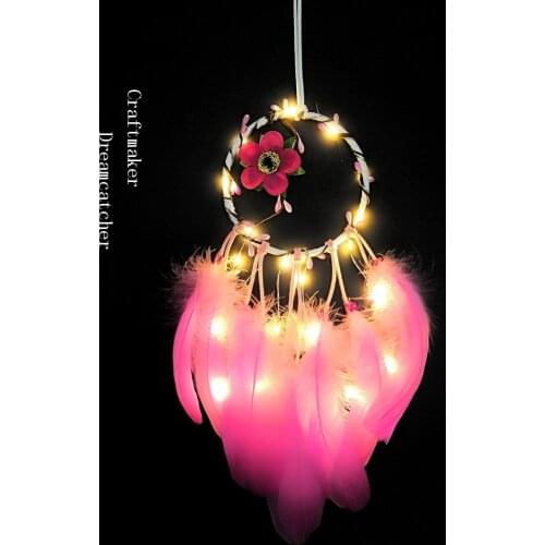 Handmade Mini Rose Begonia Flowers LED Light Dream Catcher Wall Hanging Dreamcatcher Feather Crafts Kids Stuff Wall Room Decor