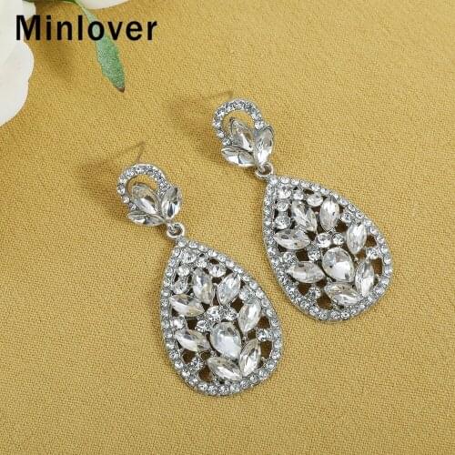 Minlover Flower Crystal Pandent Dangle Bridal Drop Earrings Silver Color Wedding Earrings Jewelry MEH1753