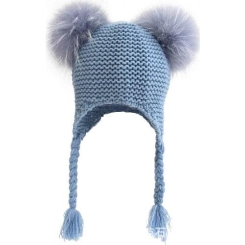 New fashion Warm Winter Funny Braid Baby Beanie Hats for Gilrs and Boys with Real Raccoon Fur Pompom Children Hat