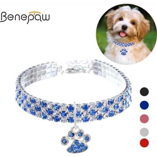 Benepaw Adorable Rhinestone Dog Collar For Small Dog Cat Adjustable Lightweight Sparkly Paw Pendant Puppy Pet Necklace Bling