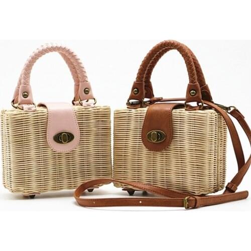 Fashion Rattan Box Women Handbags Designer Wicker Shoulder Crossbody Bags Chic Woven Handle Summer Beach Straw Bag Casual Purses