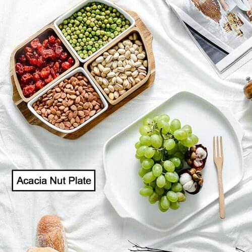 Dried Fruit Plate Innovative Compartment Acacia Wood + Ceramic Hand-polished Snacks Candy New Year Nut Living Room Storage Box
