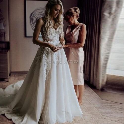 Tulle Beach Wedding Dresses 2021 White ivory Vestidos De Noiva Lace Appliques Sweetheart See Through Lace Up Bridal Dress