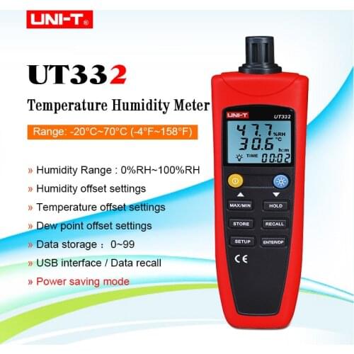 UNI-T UT331 UT332 Digital Thermo-Hygrometer Temperature Humidity Meter -20-60C 0%-100%RH C/F MAX/MIN Display USB PC Software