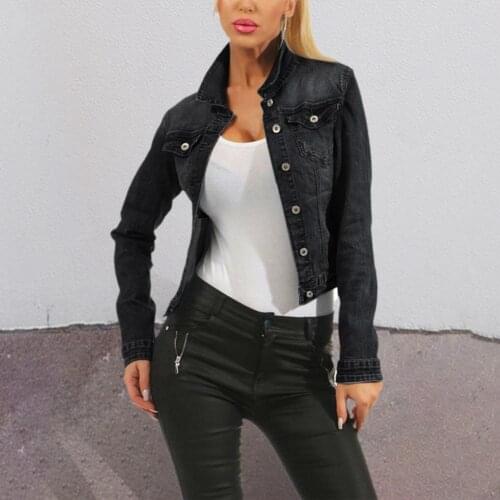 Women Denim Jacket Solid Color Single-breasted Autumn Winter Lapel Long Sleeve Stretchy Jeans Coat Streetwear