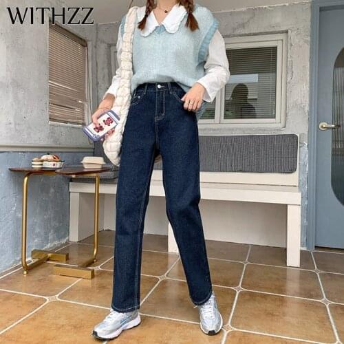 WITHZZ Autumn Winter Womens High Waist Trousers Straight Thin Fleece Asian Size Warm Jeans