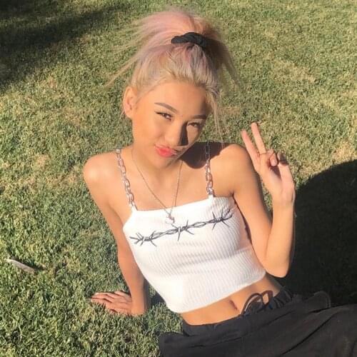 Biggorange chain shoulder strap vest womens printed letters knitting slim short cropped small sling y2k top women gothic tank