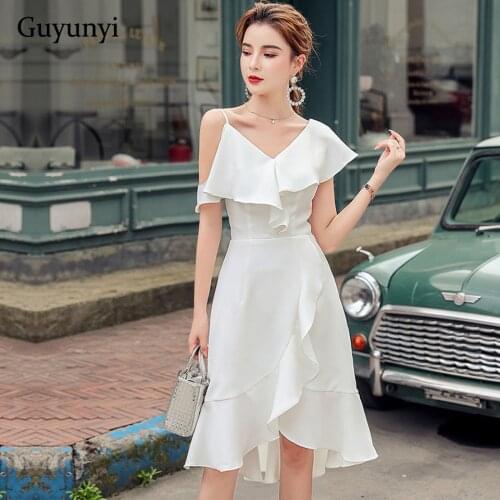 White Asymmetry Elegant Party Dress 2020 Summer Sexy Spaghetti Strap Ruffles High Waist Simple Temperament Office Dress Women