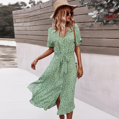 Summer beach long dress womens floral print bohemian long chiffon dress with ruffled casual V-neck slits sexy party dress robe