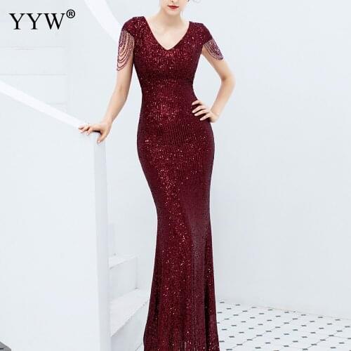 Luxury Sequined Women Evening Dress V Neck Short Sleeve Mermaid Party Gowns Short Sleeve Sexy Robe Femme Elegant Formal Dresses